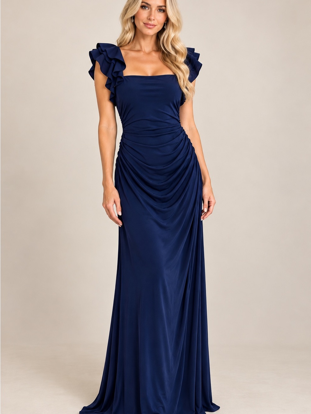 Laundry by Shelli Segal Size 2 Navy Ruched Ruffle Maxi Evening Gown EUC